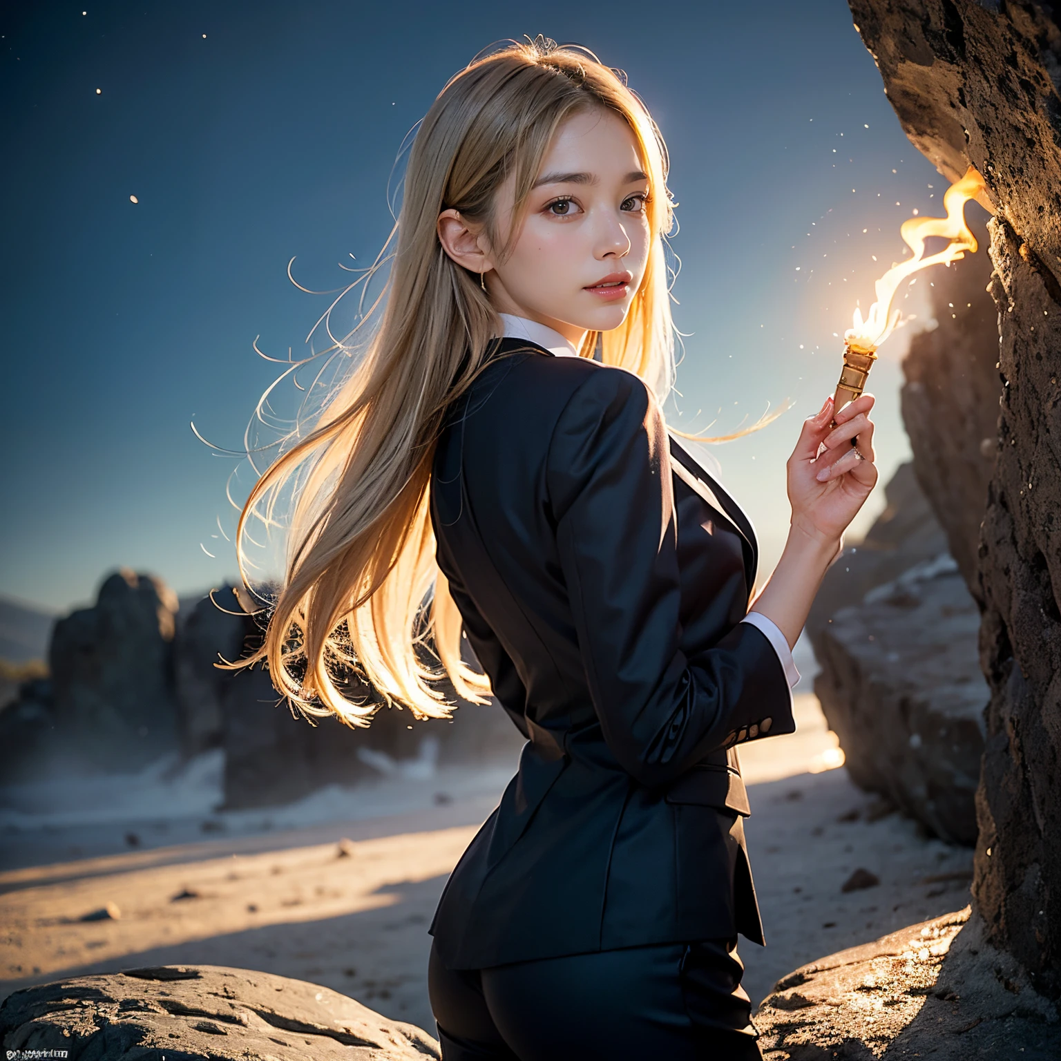 (masutepiece, Best Quality:1.2), 8K, Official art, Wearing a suit、Five Fingers Photos'Body of, full body Esbian、Lightning from a wand、Suit Beauty、Big Dipper in the background、star explosion、Beautiful barefoot woman with dark hair, hold a flame in your right hand、i#39;i'i'i'I'm holding a snowstorm in my left hand、Bright lava light rises above the broken Earth from beneath the asteroid belt(Jagged rock rocks and fragments shot into the air:1.3) (Storm of windy dust debris:1.1) Volume fogmist by trace Z、It can allow bright light from below to pass through、 (masterpiece) (top-quality) (detaileds) (8K) (电影灯光) (foco nítido) (Convoluted)A dark-haired、14years、small tits、A delightful、A smile、unbelievable Ridiculous, (a beauty girl, Pretty Face, arching back down, Gold hair ornament on hair、Wearing a cute suit、close up, Wearing a suit, Short sleeve, gardenia, violaceaess, spaces , Looking at Viewer, Film grain, chromatic abberation, Sharp Focus, face lights, Dynamic lighting, Cinematic lighting, Eyes and faces with detailed, Bokeh background, (Tie with Emma written on it、1 copy:1.2)