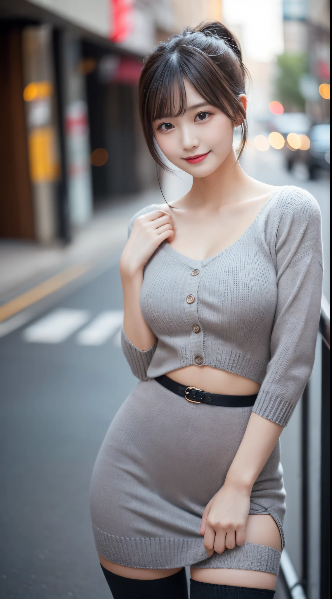 masutepiece, Best Quality, Ultra-detailed, finely detail, hight resolution, 8K Wallpaper, Perfect dynamic composition, Beautiful detailed eyes, (Gray knitwear、Black knee-high tights:1.2)、Knitted dresses、Gray knitwear、 Scrunchie、Wear、pony tail hair、Natural Color Lip, Bold sexy poses,Smile,In the street、chee、28-year-old girl、Cute、Sexy shot looking at camera、Tempting、Beautiful breasts、shapely breasts beautiful butt、big breasts thin waist、Smaller buttocks、Small butt、Seduction Pose、Emphasis on slender、beauty legs、Touch your chest with your hands、Seduce with beautiful legs、The thighs are erotic