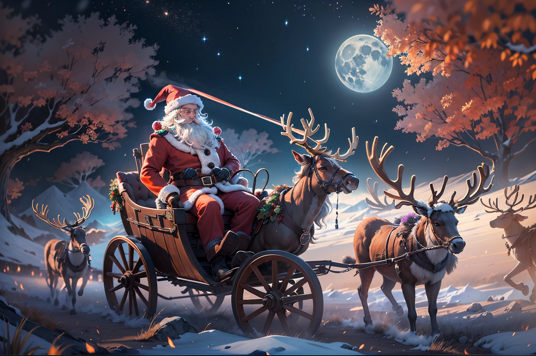 Santa Claus flies through the sky on his reindeer carriage,Huge moon background,depth of fields,a work of art,ultra - detailed,4K分辨率,high high quality,电影灯光,High picture detail,Detailed pubic hair,epic graphics