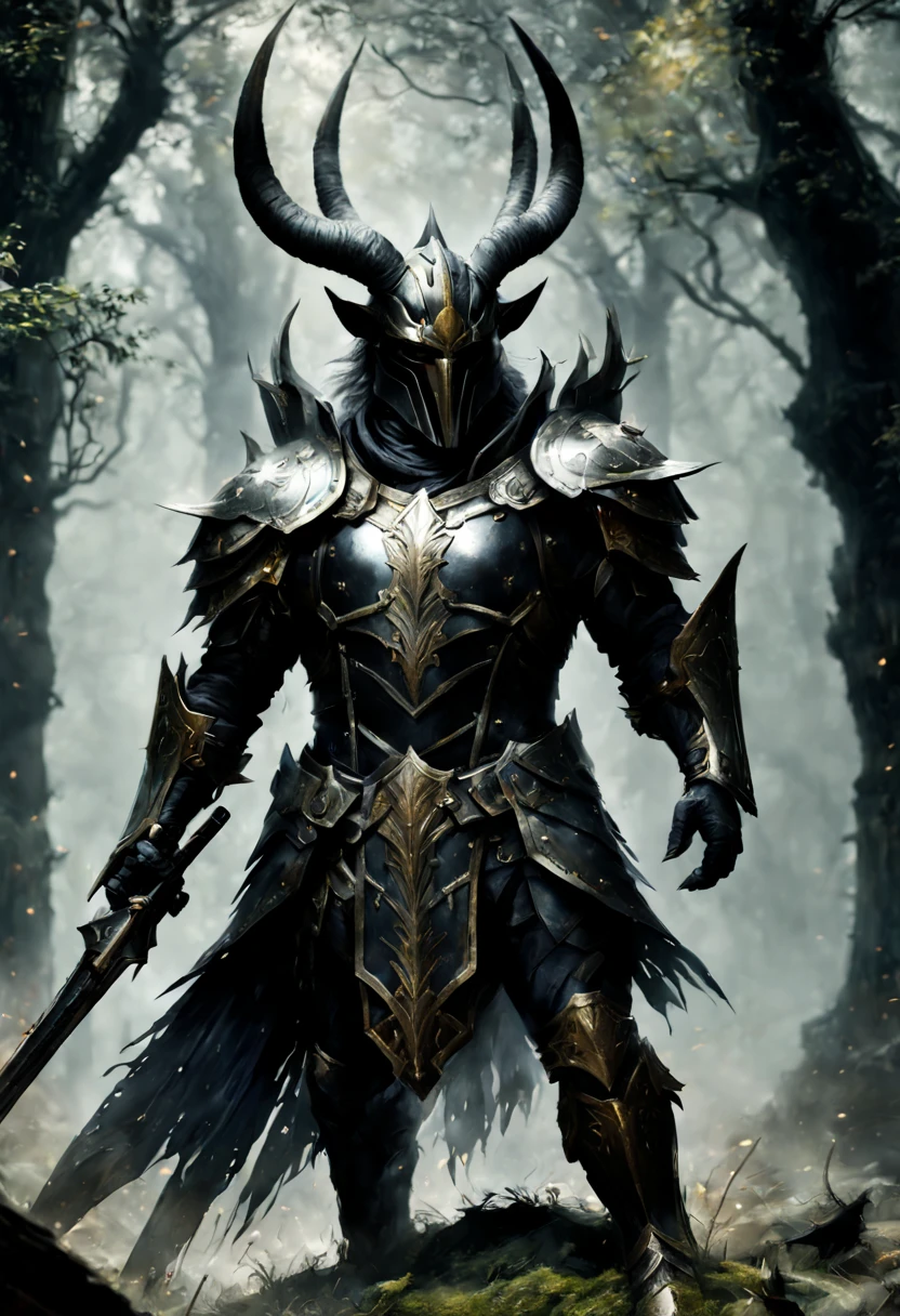 (best quality,ultra-detailed,realistic:1.37),satyr paladin,shabby metal armor,spear,enchanted forest surroundings,ominous lighting,faint rays of sunlight,dense foliage,moss-covered tree trunks,ethereal atmosphere,vibrant colors,mythical creature,adventurous spirit,fierce gaze,determined expression,majestic horns,weathered armor plates,dark shadows,ancient weapon
