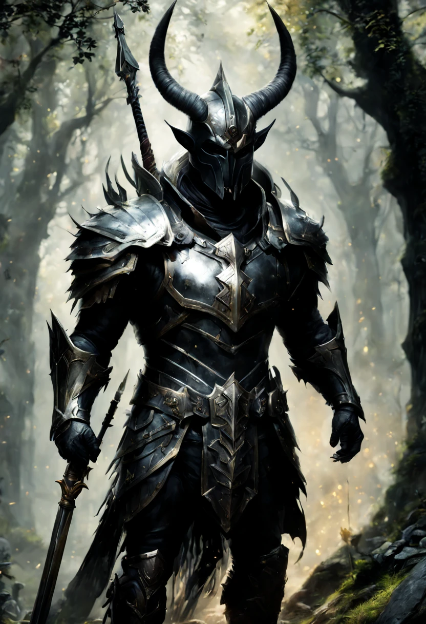 (best quality,ultra-detailed,realistic:1.37),satyr paladin,shabby metal armor,spear,enchanted forest surroundings,ominous lighting,faint rays of sunlight,dense foliage,moss-covered tree trunks,ethereal atmosphere,vibrant colors,mythical creature,adventurous spirit,fierce gaze,determined expression,majestic horns,weathered armor plates,dark shadows,ancient weapon