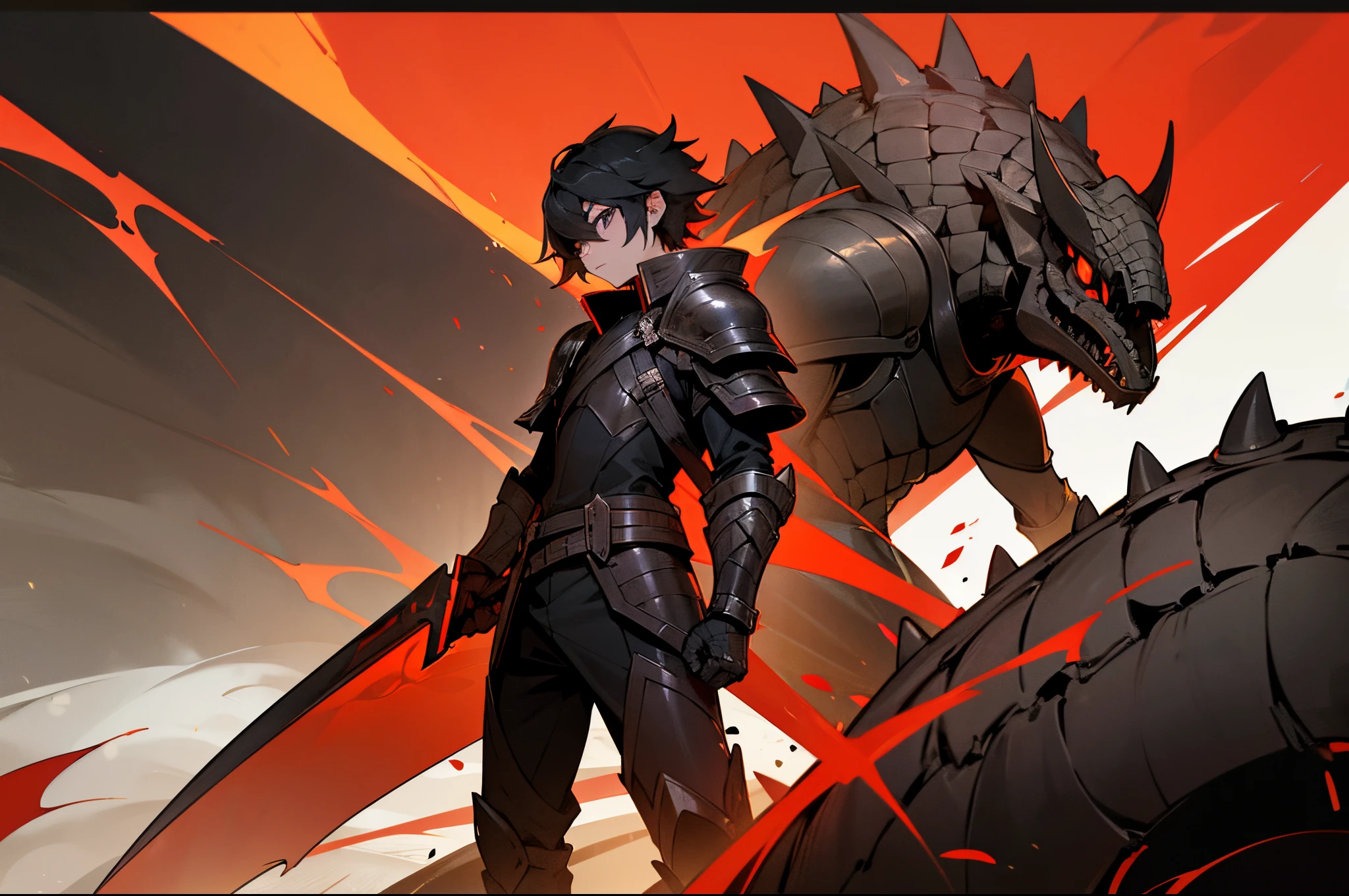 with short black hair,Black armor,Spiked Helmet,Ankylosaurus,completely black eyes,Red blood,male people,ember,ember,ember,Long knives