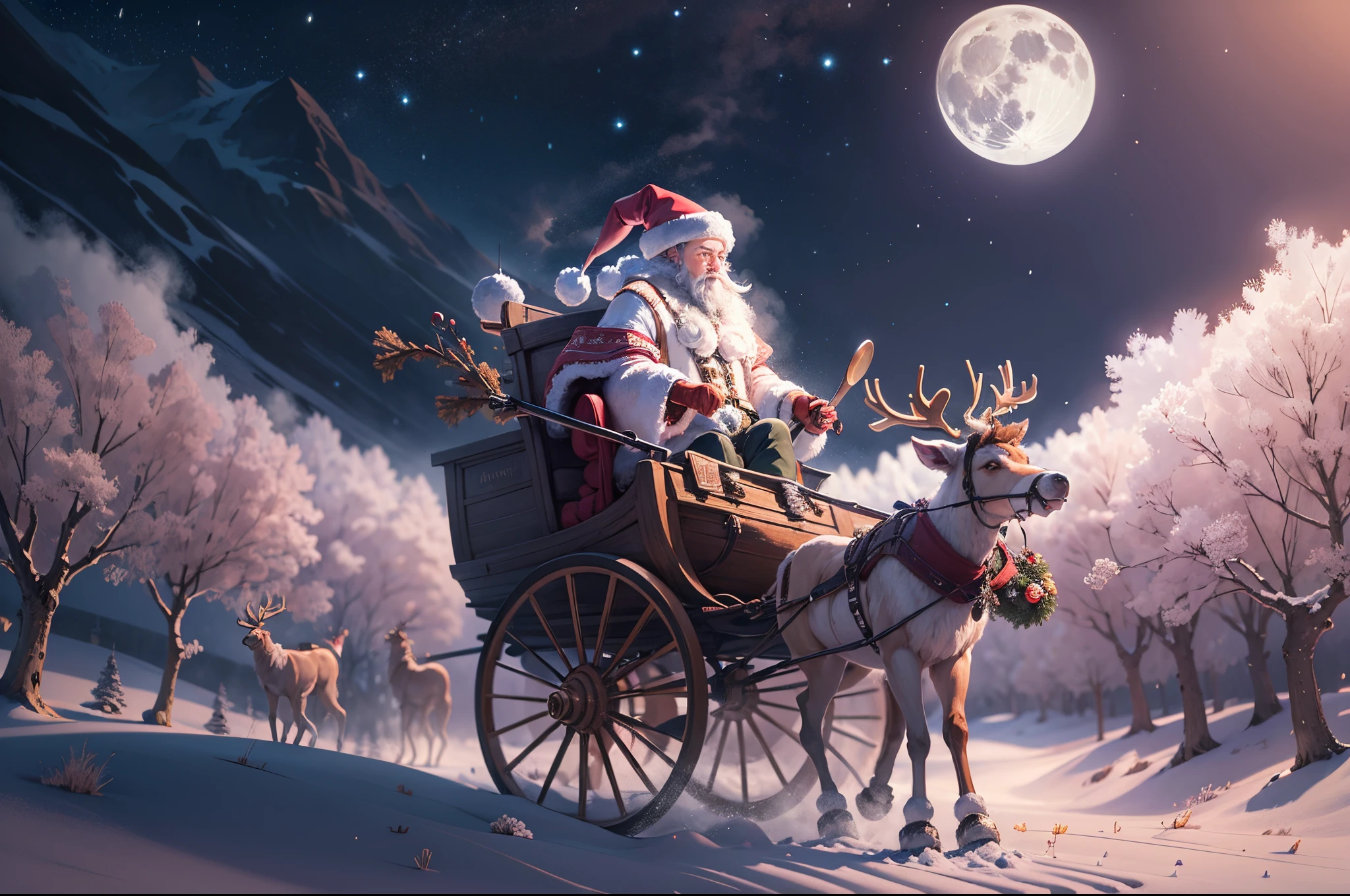 Santa Claus flies through the sky on his reindeer carriage,Huge moon background,depth of fields,a work of art,ultra - detailed,4K分辨率,high high quality,电影灯光,High picture detail,Detailed pubic hair,epic graphics