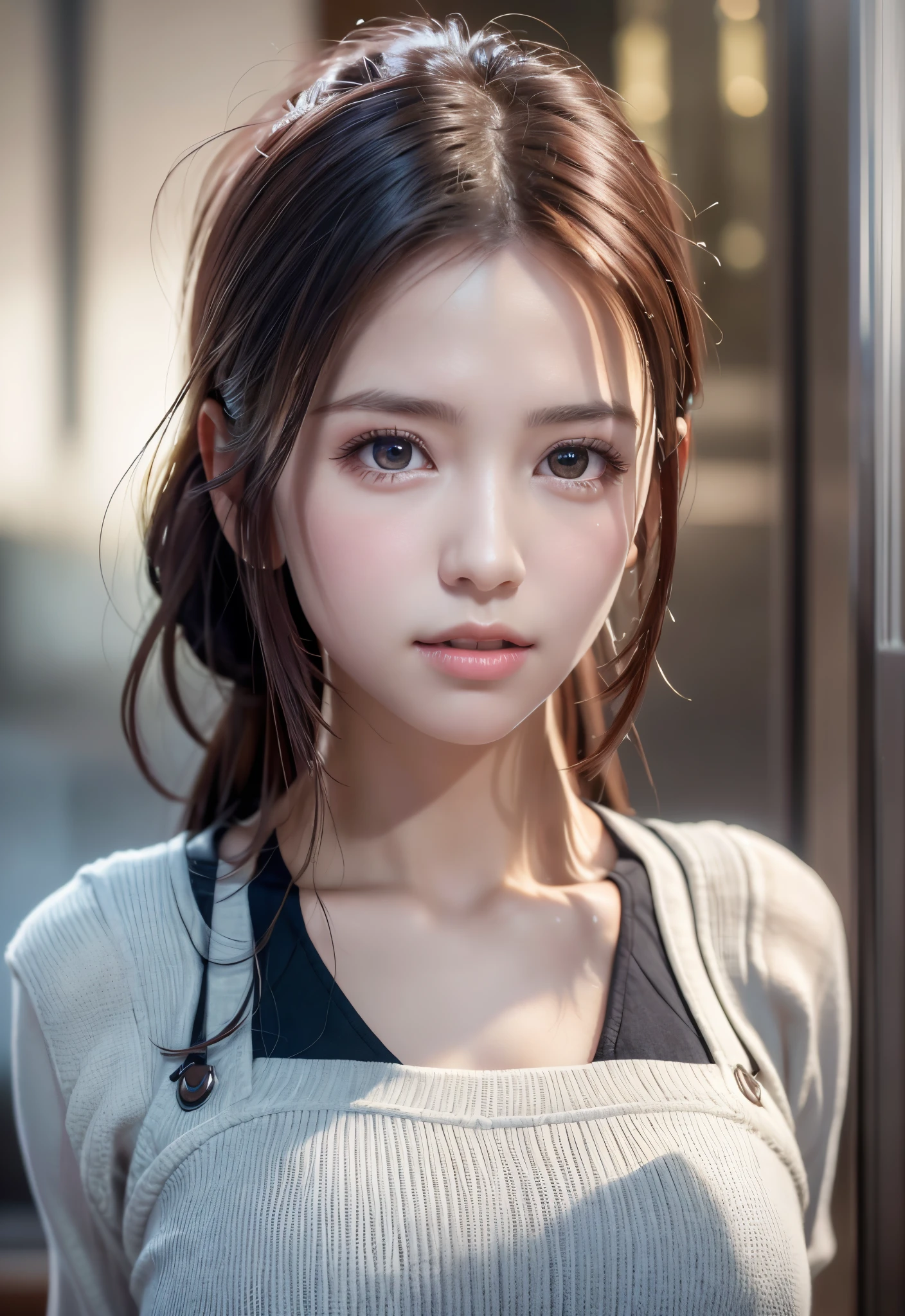 8K, of the highest quality, masutepiece:1.2), (Realistic, Photorealsitic:1.37), of the highest quality, masutepiece, Beautiful young woman, Pensive expression, Gentle eyes, Apron naked、full of shyness、Hair tied back, Messy mood, Cinematic background, Light skin tone