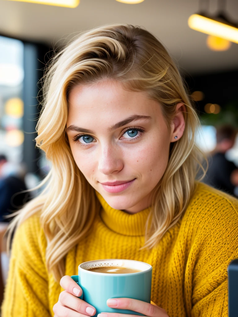 cute beautiful blonde wearing yellow sweater (drinking coffee inside a modern cafe at sunset), very detailed, 21 years old, inoccent face, natural wave hair, blue eyes, high-res, masterpiece, best quality,intricate details, highly detailed,sharp focus, detailed skin,realistic skin texture,texture, detailed eyes, professional, 4k, charmer smile, shot on Canon, 85mm,shallow depth of field,kodak vision color, perfect fit body, extremely detailed, photo_\(ultra\), photorealistic, realistic, post-processing, max detail, roughness, real life, ultra realistic, photorealism, photography, 8k uhd, photography
