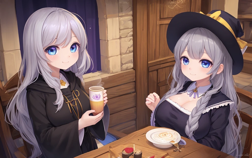 Elena_(Probably_The No_gossip), Superb, tmasterpiece, 4K,, 1个Giant Breast Girl, Feminine, The beautiful, A cup, with gray hair, Big magic hat + black above,Purple inside, eBlue eyes, white shirt, yellow ribbon, Black robe,, kawaii, looking at viewert, light smile, magical little girl, Background Medieval Europe,