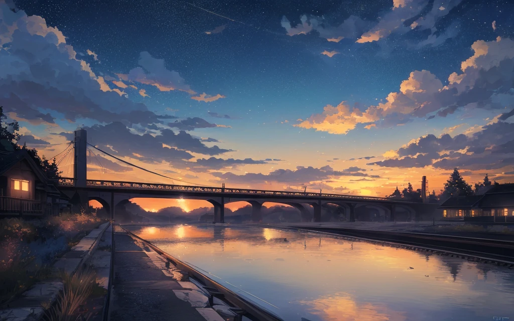 High-quality masterpieces, scenecy, ​​clouds, Cartoon train passing a body of water on the tracks in the distance, Bright starry sky. visitor, romantic lighting, pixiv, concept-art, Loepfe Art Style, Reflectors. Shinkai sincerely, Raffe Art, beautiful anime scenes, Anime landscapes, Detailed view — width 672, Makoto Shinkai's style, Makoto Shinkai's style, Enhance details.