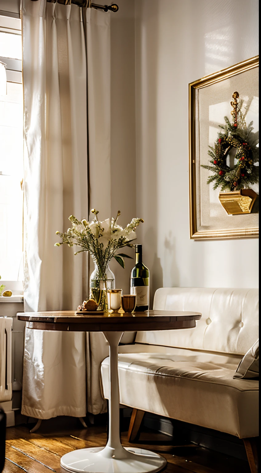 ((There a bottle of white wine on the table)),cupcakes and bread, goblet, Christmas tree, Window lighting , Bright light, Background floral pattern curtains, Christmas bunting,Christmas gifts, classical decorative painting , In a retro bar, Bright background, Good sunshine, festive atmosphere,No Man