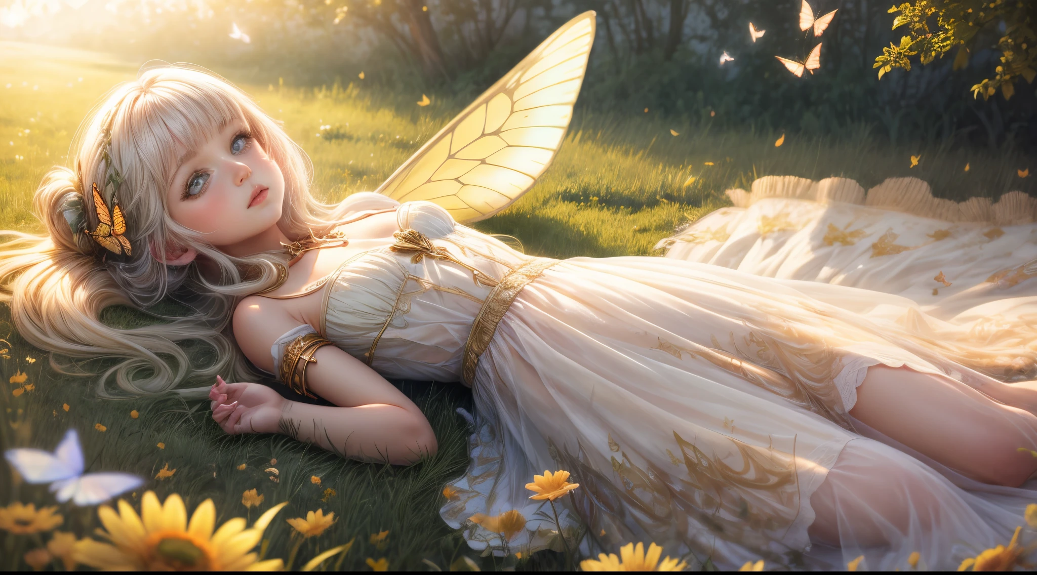 "((Innocent)) girl, golden hour, dreamy meadow, ethereal, whimsical, flowing dress, soft sunlight, enchanting, butterfly wings, (pastel clouds), liquid reflections