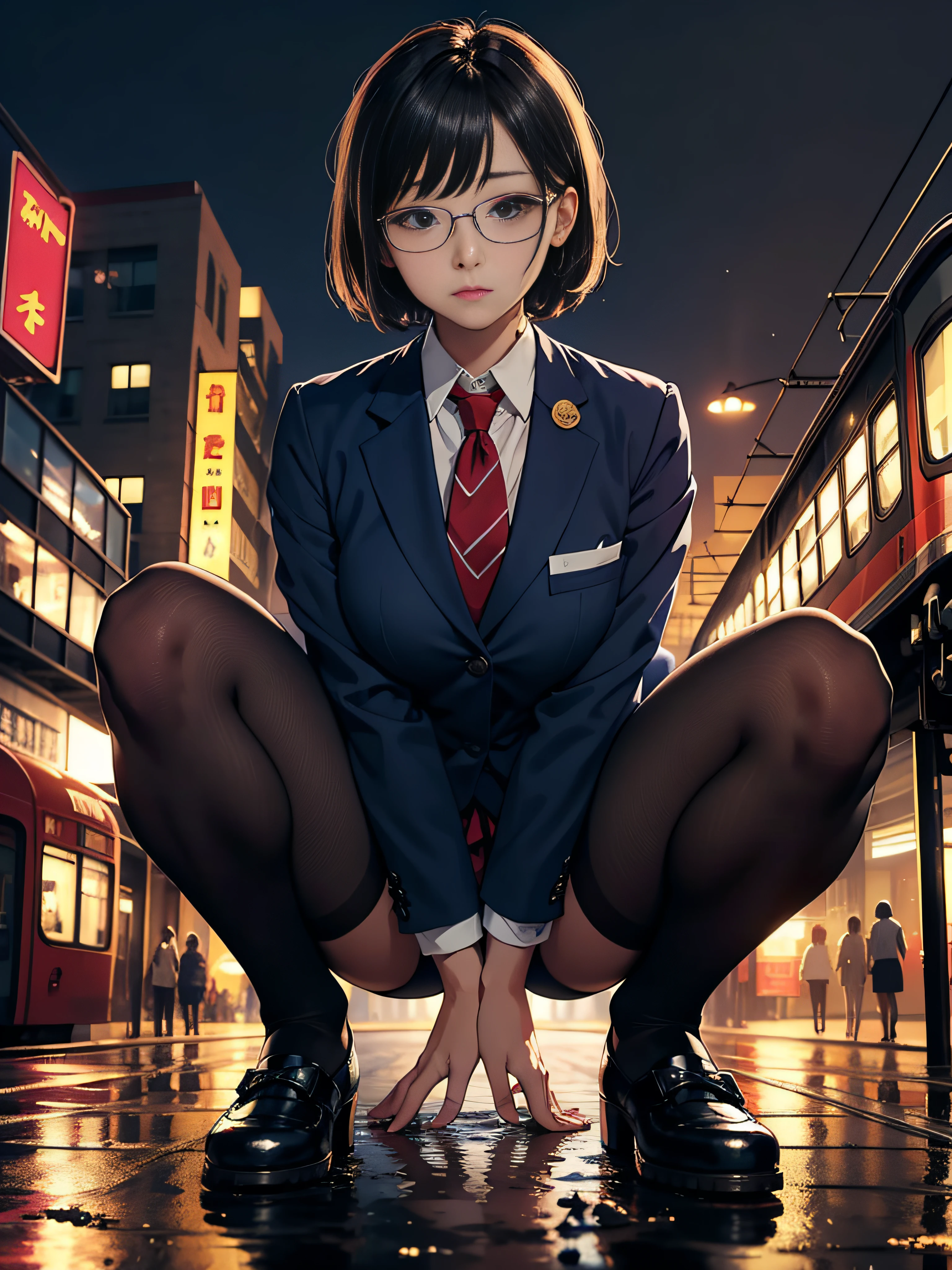 giantess art, A surreal girl, , highly detailed giantess shot, der riese, Short hair details, black pantyhoses, Huge female high school student。Wearing rimless glasses。Colossal tits。Navy blue blazer、Red Tie、Minkirtlack pantyhose shoes.。She sits like a giant in a small city。In a miniature metropolis only feet high.、She crouched。urine flow。sea of urine。Small trains and cars washed away by urine.。Full body depiction。