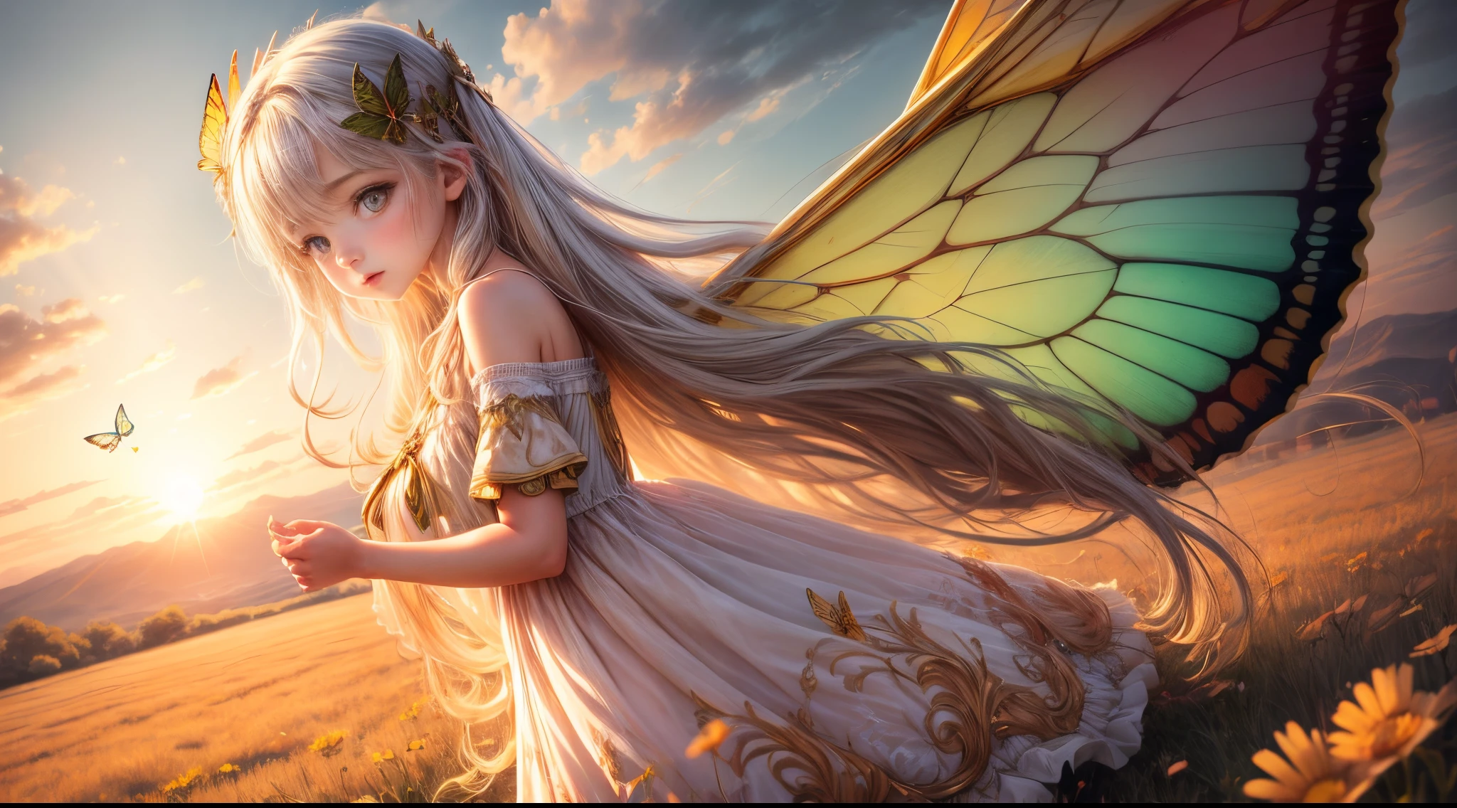 ((Innocent)) girl, golden hour, dreamy meadow, ethereal, whimsical, flowing dress, soft sunlight, enchanting, butterfly wings, (pastel clouds), liquid reflections