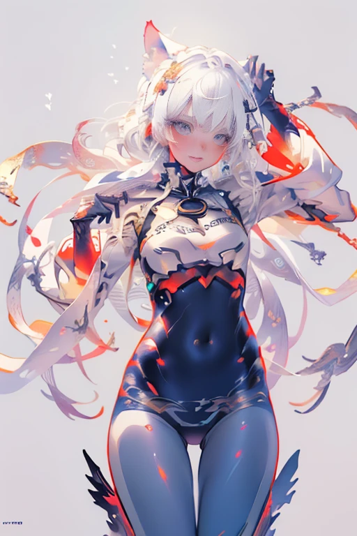 girl, Full body photo,White hair, eBlue eyes, machinery suit, tmasterpiece, 8k screenshot, Art Book,Art books, Raise Hand, cat ear, wings, patterned, Anime character with wings and cat tights, white-haired god, Popular topics on artstation pixiv, Highly detailed official artwork, Detailed key animation art, pixiv 3dcg, The highest rating on PixiV, Zero art, Official anime artwork, pixiv, Official artwork, offcial art, detailed anime art, guweiz on pixiv artstation