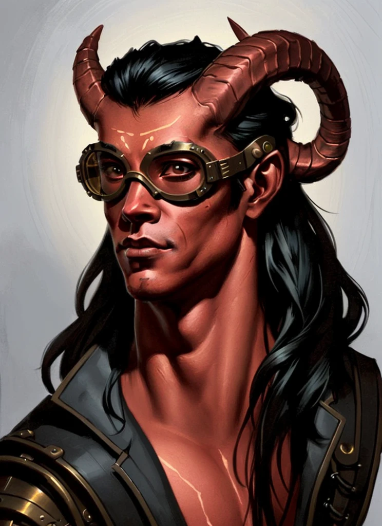 Tiefling, male, horns, male focus, solo, handsome, beautiful, young, colored skin, red skin, steampunk goggles, tail, portrait, closed mouth, black hair, demon, black background, long hair, ((masterpiece, best quality)), art by greg rutkowski