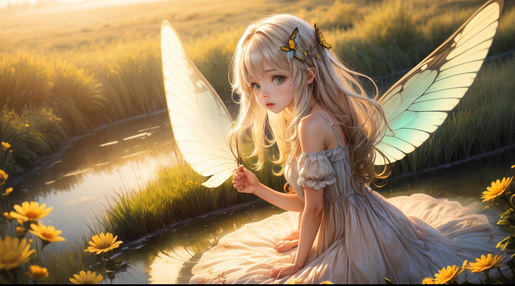 ((Innocent)) girl, golden hour, dreamy meadow, ethereal, whimsical, flowing dress, soft sunlight, enchanting, butterfly wings, (pastel clouds), liquid reflections