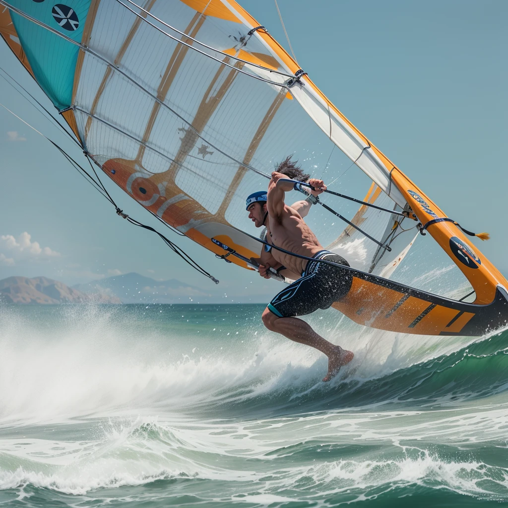 A muscular man sailing a windsurf, jumping at high speed from a 5m wave! Many details and sports composition. High definition and Ultra high quality