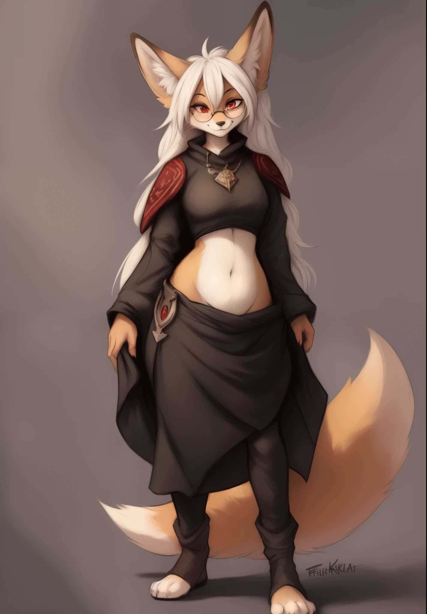 by Zackary911, by Kenket, by Kilinah, by fluff-kevlar, anthro, mommy female fennec fox, solo, long white hair, full body, one big tail, dark background. dark priest with balck and red cloack open belly, round glasses, full body concept, realism, reference, red eyes