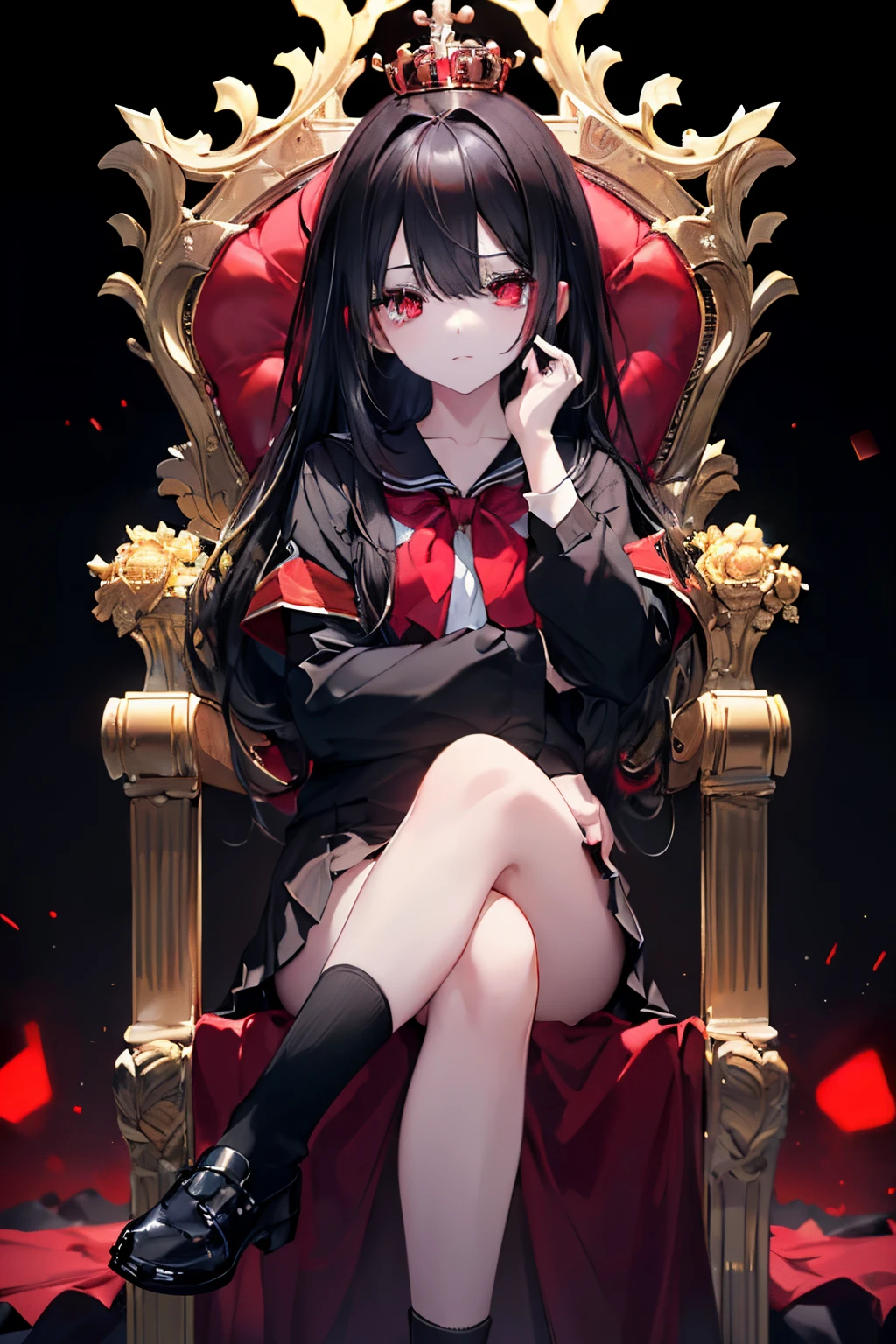 scene:0.9, (masterpiece), (((ultra detailed, 8k quality))), high quality, (a girl in a school uniform, sitting with her legs crossed on a throne), ((wearing golden crown)), (long black hair, side bangs), (full body:0.7), ((torso)), perfect fingers, (hands on arm rests), wide shot:0.7, from below, expressive ruby red eyes, (looking at viewer with pleading eyes, black hair, side bang, expressive red eyes:0.7, glowing red eyes), (depth perception:0.7, black background, blurry background), , (distanced),