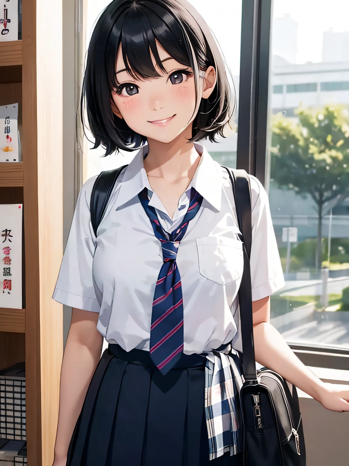 japanese school girl, lovely smile, short and black hair, in school uniform, display picture for social media, portrait crop, apeture F1.8, afternoon lightning, super detail