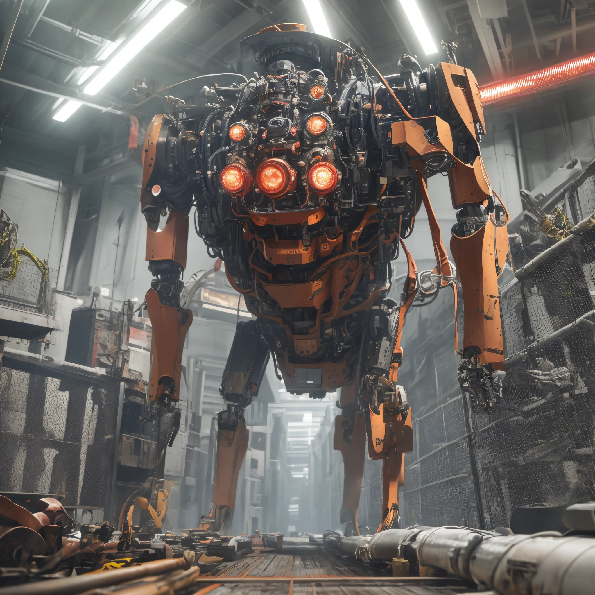 16k, ultra detailed image, foto realista, humanoid robot, robot with many eyes, the robot  coming at us, huge walking robot, Creepy robots, industrial robots, creepy industrial robots, factory mechanisms, bloods, meat, Horror, creepy robots, Blade, saws, Wire, pneumatics, pipes, dinamic lighting, flickering light