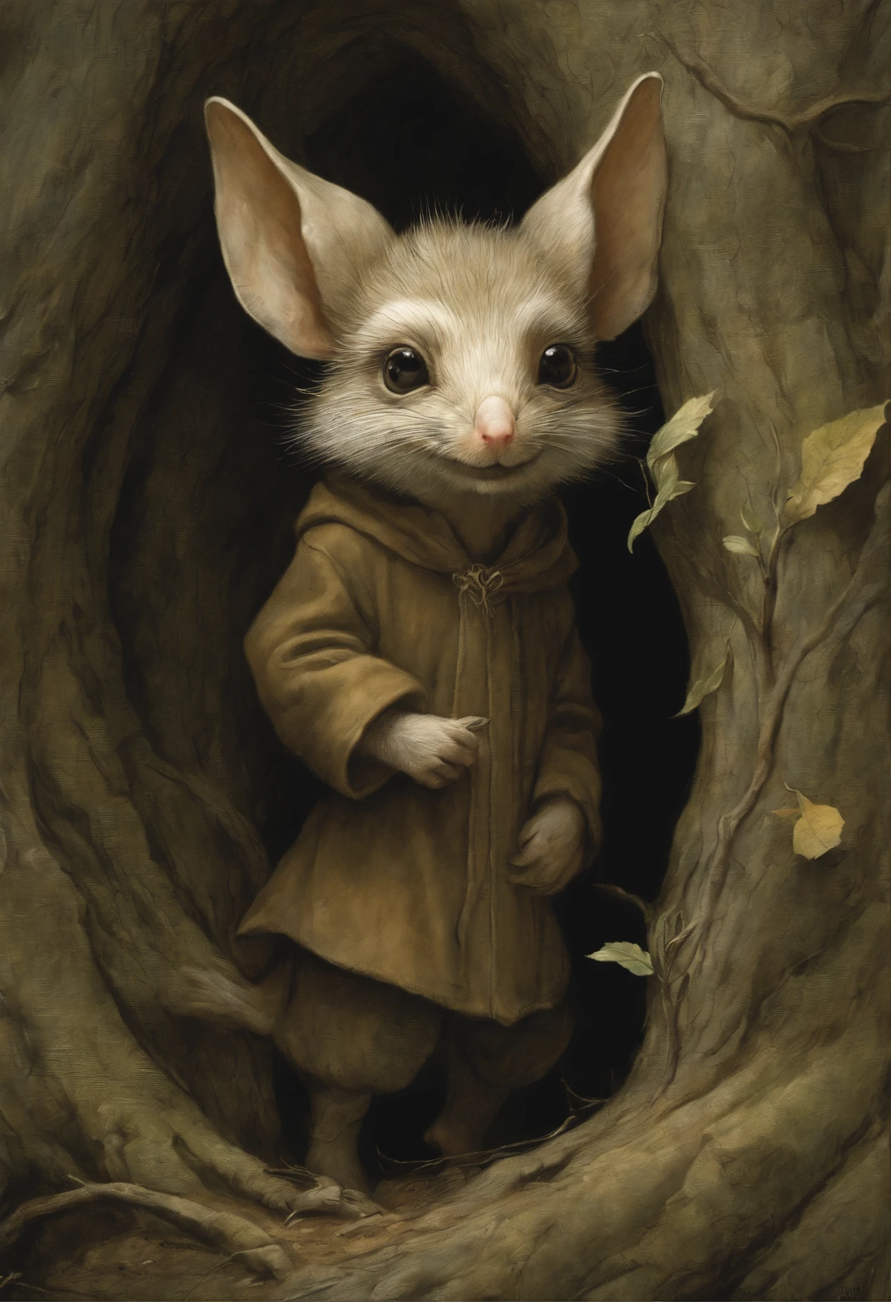 真实感, dark fantasy style, John Tolkien style, Small painting by Jean-Baptiste Monge, portraite of a, Little gremlin, jerboa-like, large semicircular pointed ears, tousled , Sand-colored wool, wearing a knitted hooded sweater, woods, looking out of the hole, bury yourself in the huge roots of an oak tree, big roots, looks out of the hole, woods, Jean-Baptiste Monge, anthropomorphic --ar 2:3 --testp -optimistic;