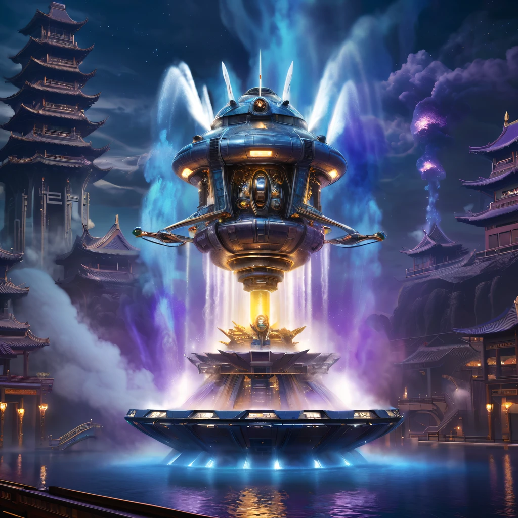 Spectacular futuristic sci-fi night spaceship erupting from steam engine，sparkling silver water column.There  a Chinese golden dragon spraying water in this water column，Emit purple energy，and emits a slight blue light，Make the entire spacecraft look mysterious and high-tech。 The shape of the water column in the spaceship  also very futuristic.........