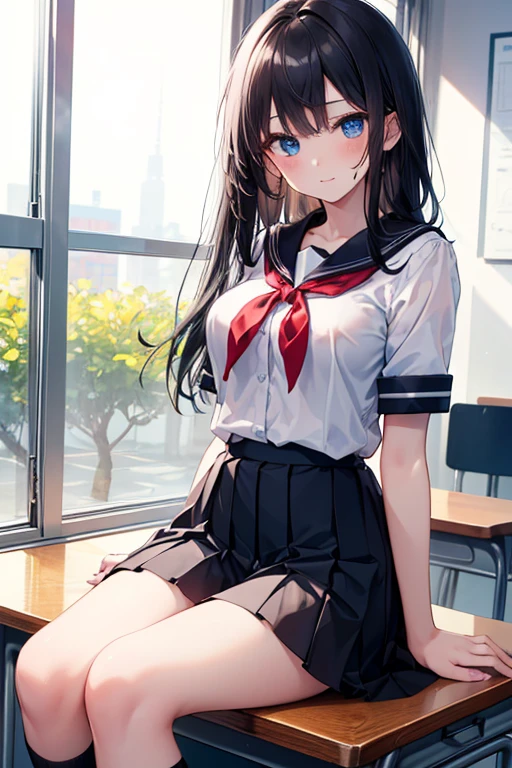 (8K、Raw photography、top-quality、​masterpiece:1.2)、(realisitic、Photorealsitic:1.37)、ultra-detailliert、超A high resolution、see the beholder、beautifull detailed face、Shy laughter、(Slim waist:1.3)、(Blue eyeodiesian with big and beautiful breasts body portrait、Girl with long black hair、High school students、18year old、length hair、Black sailor suit、Black pleated skirt、white socks white ribbon、Hands of precise detail)Beautiful detailed skin、Skin Texture、shinny skin、profetional lighting、girl with、Solo、1 persons、with blush cheeks、‎Classroom、Sitting at a desk、hold both hands between thighs
