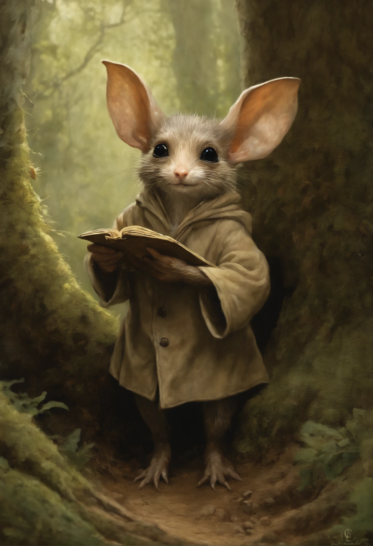 真实感, dark fantasy style, John Tolkien style, Small painting by Jean-Baptiste Monge, portraite of a, Little gremlin, looks like a cute little baby jerboa, large semicircular pointed ears, tousled , Sand-colored wool, wears a rag raincoat, woods, peeks out of a hole-house, house in the fox hole, big roots, Summer Forest, Hobbiton village. Jean-Baptiste Monge, anthropomorphic --ar 2:3 --testp -optimistic;