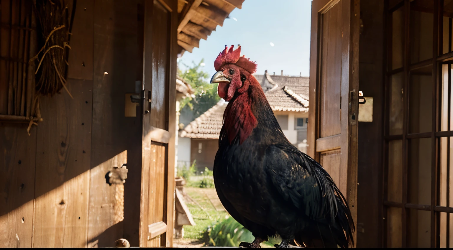 a rooster, perched on a fence, looks at the room, it has a red crest and a black body, it has beautiful and long feathers, light on its face