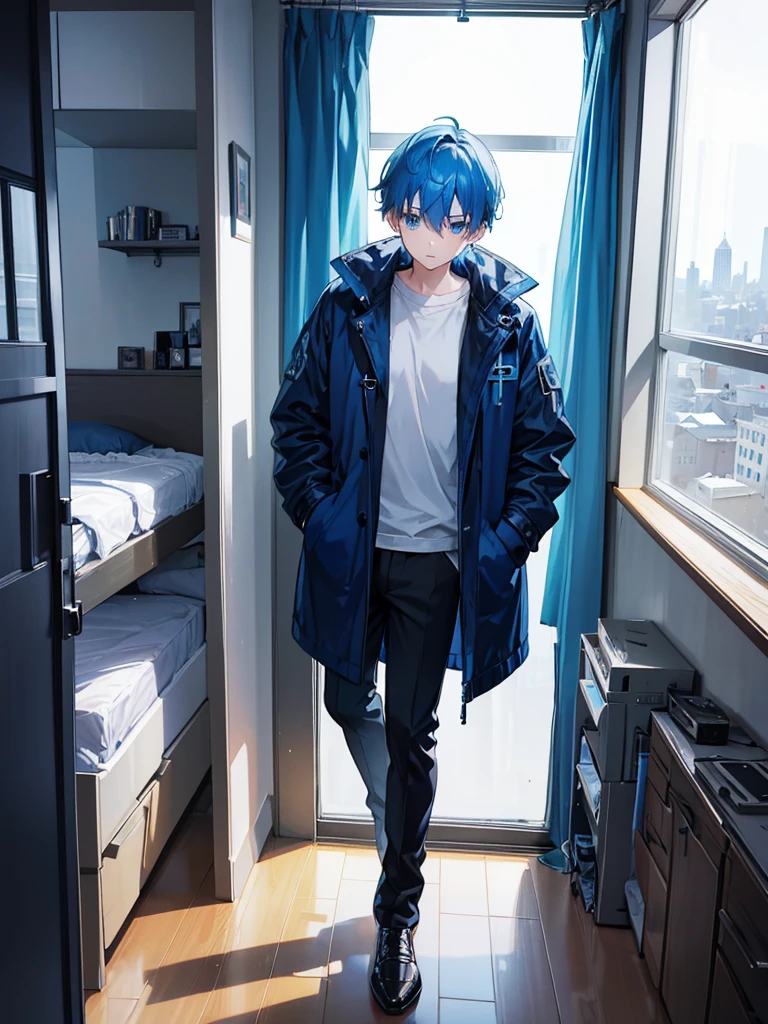 A lonely boy in his room with blue hair and blue eyes lokking sad and depressed at hos window in the side showing big city and forest,wearing blue black jacket coat and pants