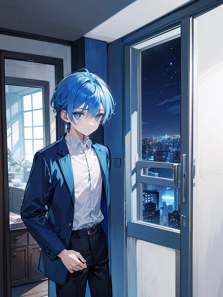 A lonely boy in his room with blue hair and blue eyes lokking sad and depressed at hos window in the side showing big city and forest,wearing blue black jacket coat and pants