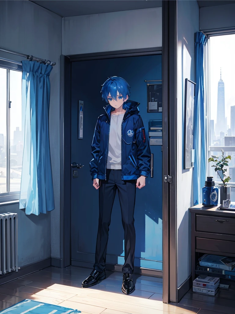 A lonely boy in his room with blue hair and blue eyes lokking sad and depressed at hos window in the side showing big city and forest,wearing blue black jacket coat and pants