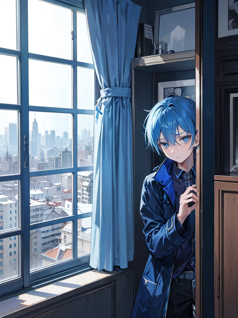 A lonely boy in his room with blue hair and blue eyes lokking sad and depressed at hos window in the side showing big city and forest,wearing blue black jacket coat and pants