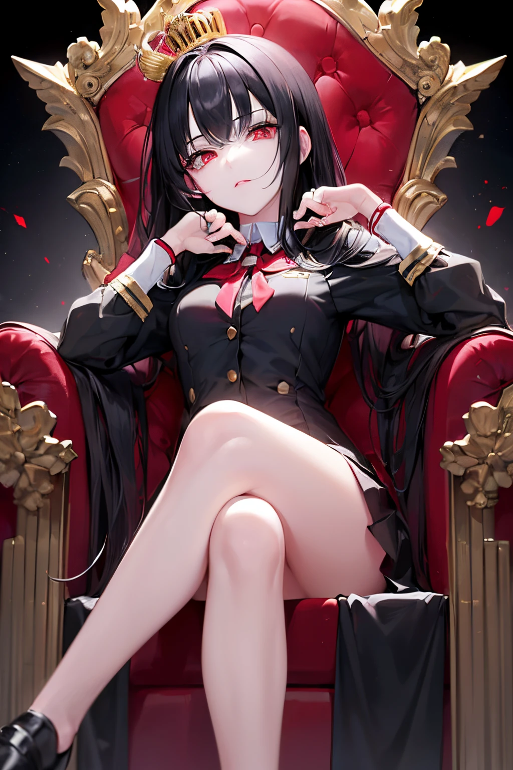 scene:0.9, (masterpiece), (((ultra detailed, 8k quality))), high quality, (a girl in a school uniform, sitting with her legs crossed on a throne), ((wearing golden crown)), (long black hair, side bangs), (full body:0.7), ((torso)), perfect fingers, (hands on arm rests), wide shot:0.7, from below, expressive ruby red eyes, (looking at viewer with pleading eyes, black hair, side bang, expressive red eyes:0.7, glowing red eyes), (depth perception:0.7, black background, blurry background), ************, (distanced),