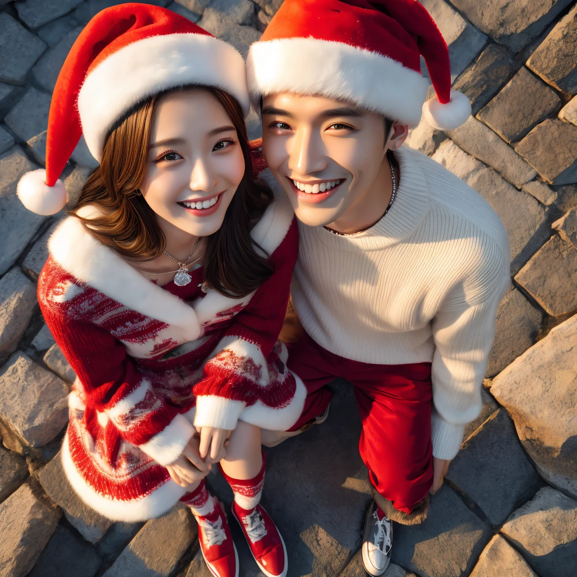 Xmaslover,Top-down perspective,fullbody shot of a pair of chinese young lovereautiful and handsome,1 gril,1 boy,detailed face and eyes,laughing, Fantastic gorgeous background,skin textures,UHD,realistic,3d,((Best quality)), ((Masterpiece)), anatomy correct,