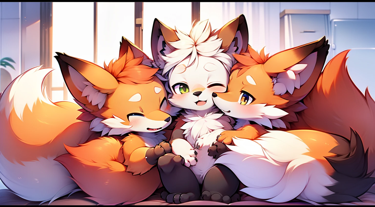 Best quality fluffy, cute fox, red fox，Male and female cuddles，2 foxes，Yellow fur，hairy pubic，kiss