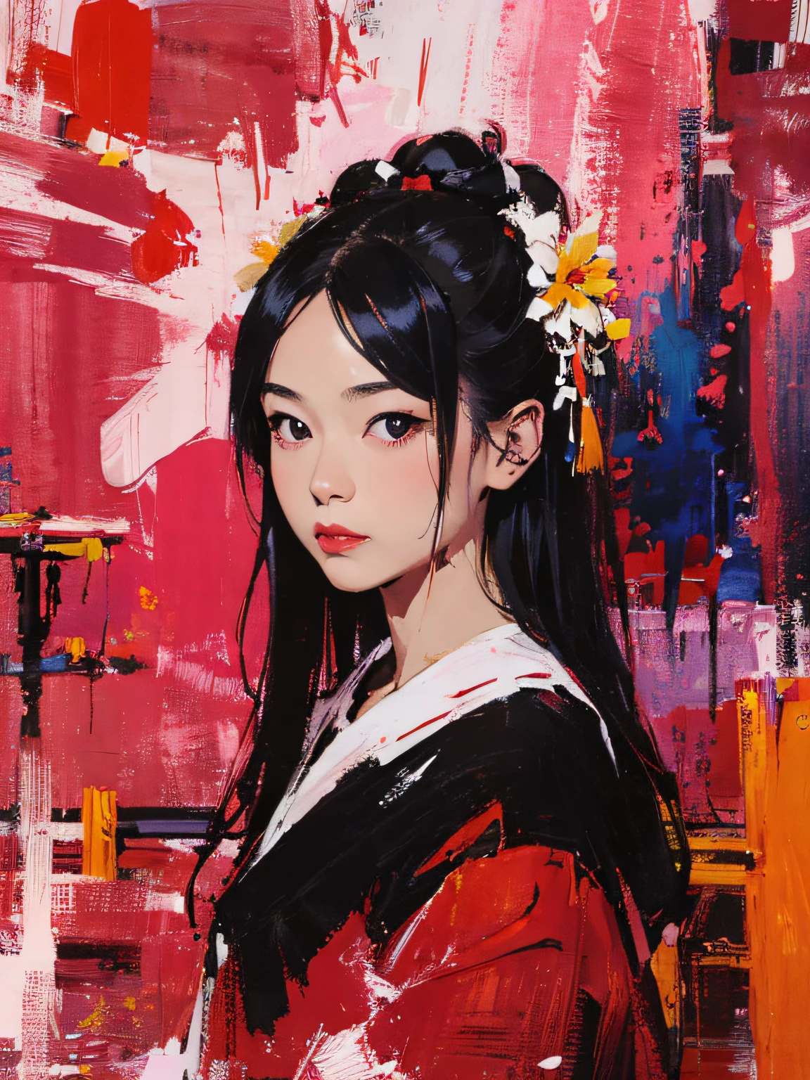 traditional portrait of a geisha, Abstract expressionism, dark dramatic colors,