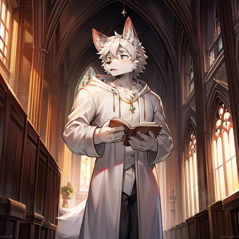 god father,Middle age,male people,Canine ears,shaggy,gray-white hair,Transparent white jacket,In churches,with bible in hand,the only person,Holy and solemn