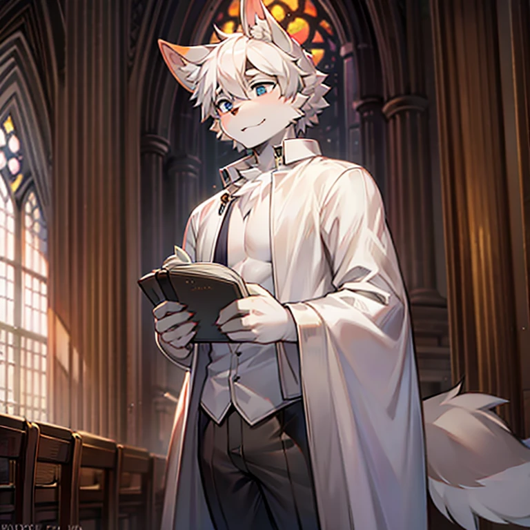 god father，Middle age，male people，Canine ears，shaggy，gray-white hair，Transparent white jacket，In churches，with bible in hand，the only person，Holy and solemn