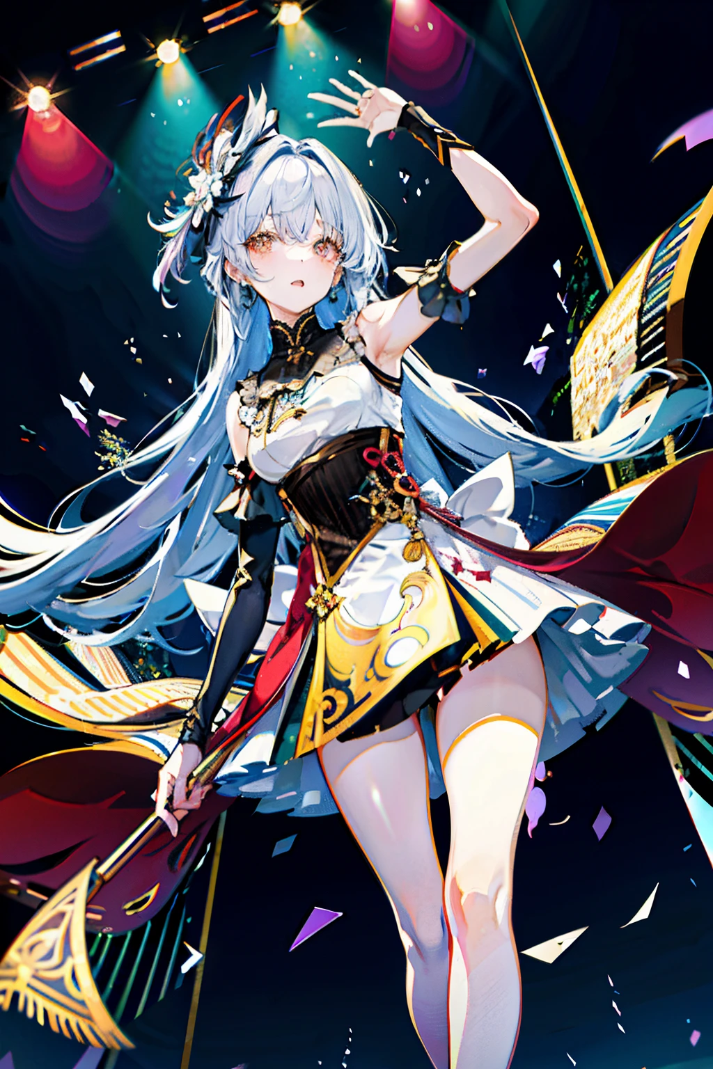 (best quality, detailed background, highres, absurdres, bloom, disheveled hair, shiny hair, exposed in lighting, bright pupils),
1girl, focus on leg, earpiece, long hair, silver hair, large_breasts, action_pose, standing,  arms behind back, stage, spotlight, glass ceiling, 
shenhe \(genshin impact\), hair_ornament, hair over one eye,  designer dress,  dutch_angle, upper body,