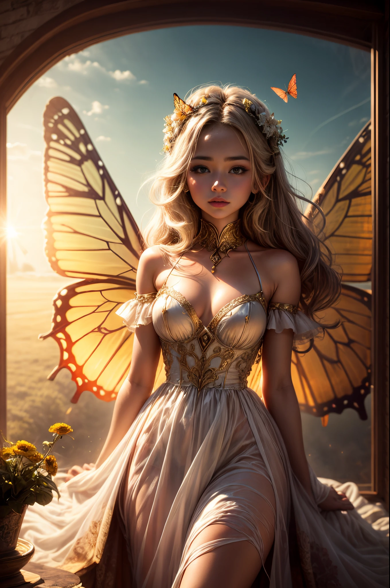 "((Innocent)) girl, golden hour, dreamy meadow, ethereal, whimsical, flowing dress, soft sunlight, enchanting, butterfly wings, (pastel clouds), liquid reflections