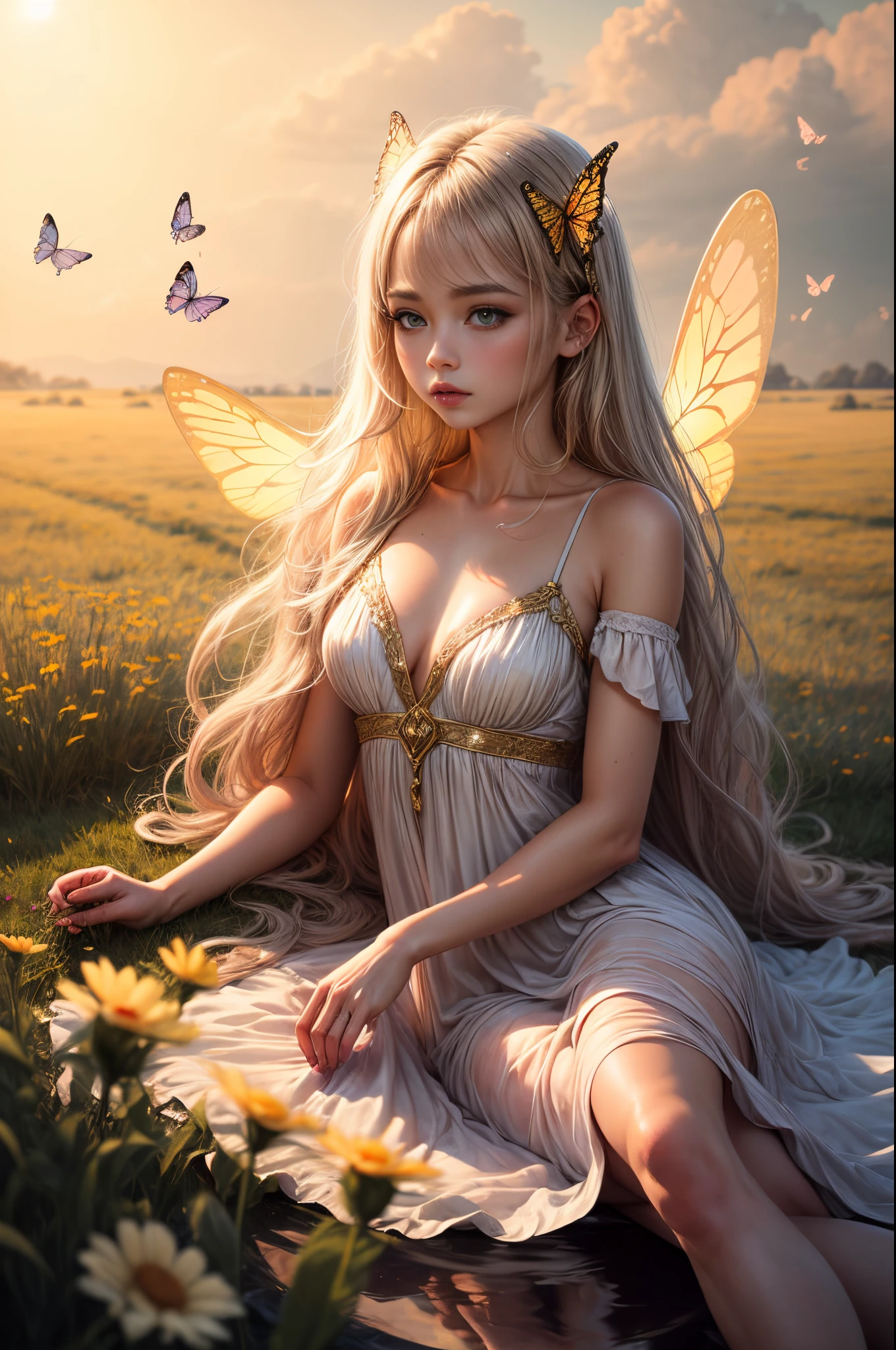"((Innocent)) girl, golden hour, dreamy meadow, ethereal, whimsical, flowing dress, soft sunlight, enchanting, butterfly wings, (pastel clouds), liquid reflections