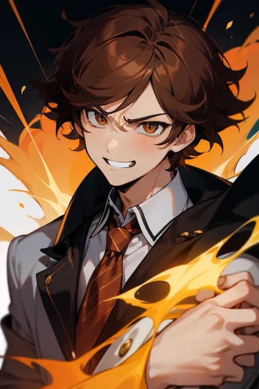 tmasterpiece, high high quality, hyper-detailing, jpn, schoolboy, 1 boy, fiery, A defiant expression, A smug smile, Brown hair, Short hair details, messy  hair