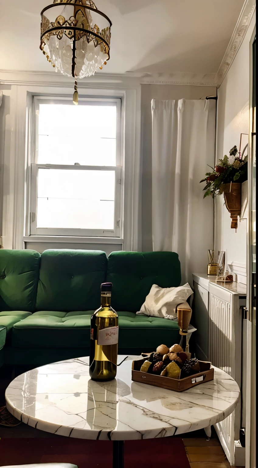 ((There a bottle of white wine on the table)),cupcakes and bread, goblet, Christmas tree, Window lighting , Bright light, Background floral pattern curtains, Christmas bunting,Christmas gifts, classical decorative painting , In a retro bar, Bright background, Good sunshine, festive atmosphere,No Man