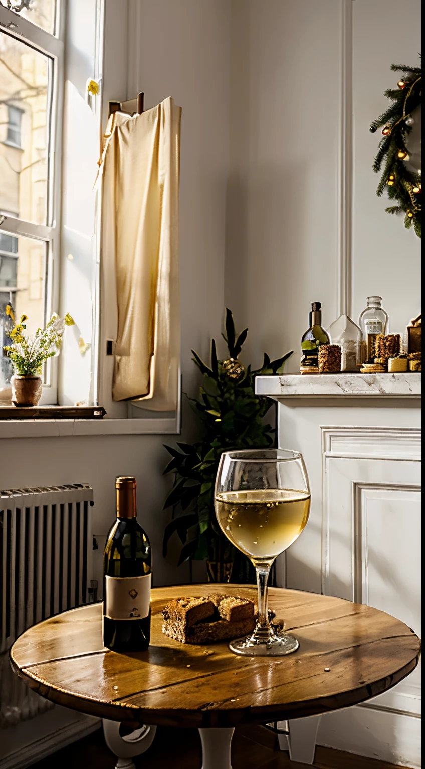 ((There a bottle of white wine on the table)),cupcakes and bread, goblet, Christmas tree, Window lighting , Bright light, Background floral pattern curtains, Christmas bunting,Christmas gifts, classical decorative painting , In a retro bar, Bright background, Good sunshine, festive atmosphere,No Man