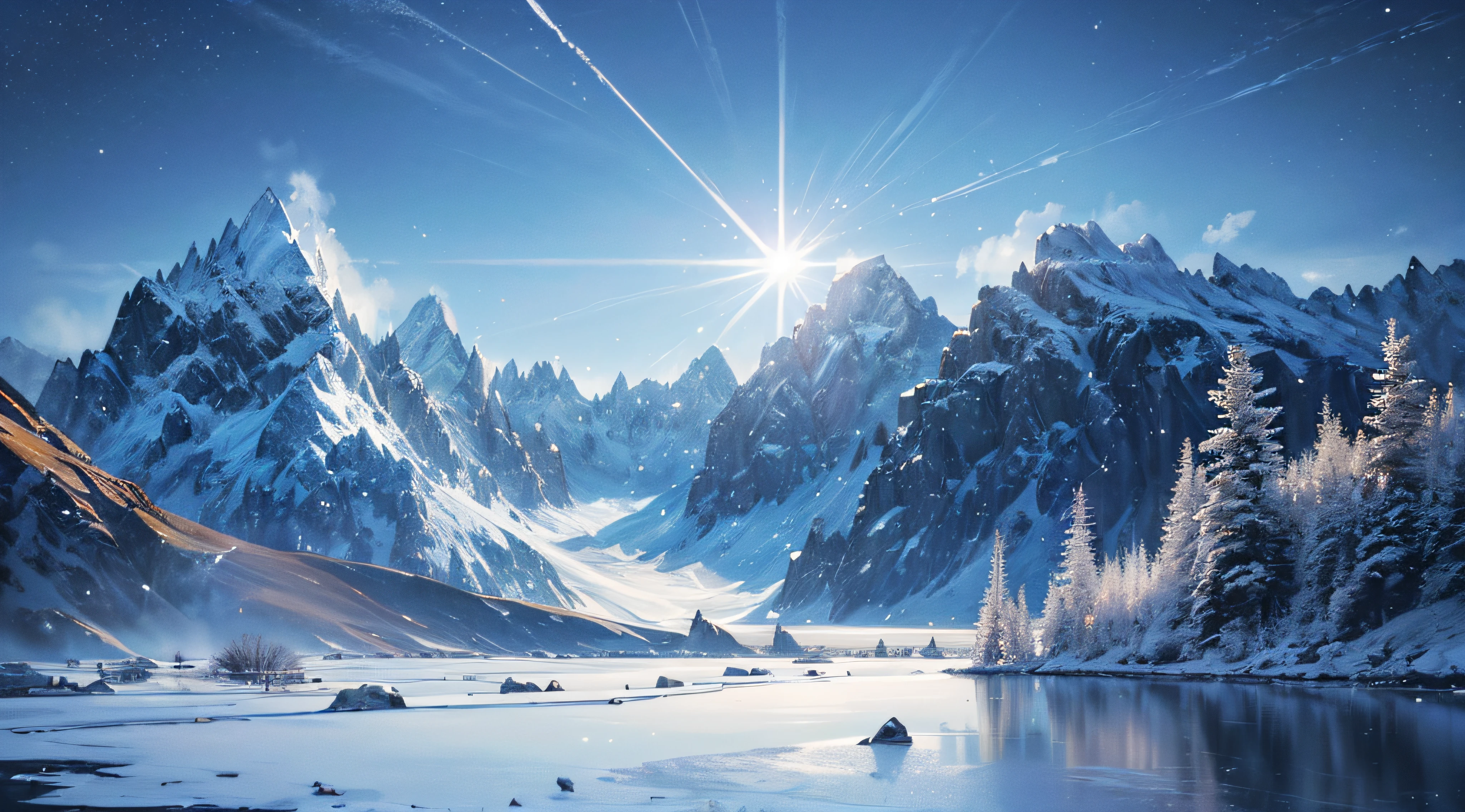 A view of a mountain range with a lake and snow covered trees - SeaArt AI