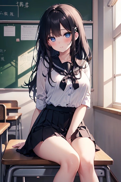 (8K、Raw photography、top-quality、masterpiece:1.2)、(realisitic、Photorealsitic:1.37)、ultra-detailliert、超A high resolution、see the beholder、beautifull detailed face、Shy laughter、(Slim waist:1.3)、(Blue eyeodiesian with big and beautiful breasts body portrait、Girl with long black hair、High school students、18year old、length hair、Black sailor suit、Black pleated skirt、white socks white ribbon、Hands of precise detail)Beautiful detailed skin、Skin Texture、shinny skin、profetional lighting、girl with、Solo、1 persons、with blush cheeks、Classroom、Sitting at a desk、(hold both hands between thighs)
