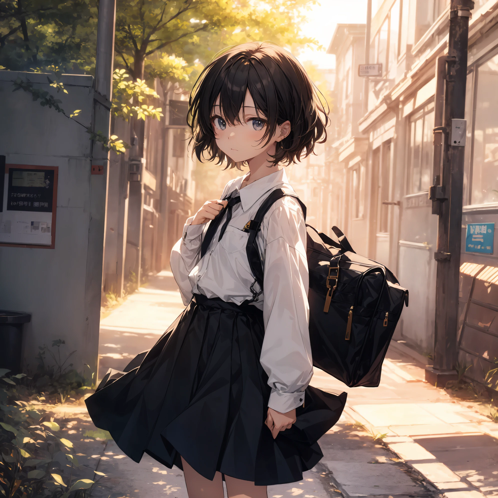 best god quality, Ultra-detailed, anime moe art style,Best Anime 8K Konachan Wallpapers,Pixiv Contest Winner,Perfect Anatomy, (Draw a girl sleepily walking to school. ),BREAK, 1girl is a cool beautiful girl, (Solo,Lori,child,13years:1.3),a junior high school student, Androgynous attraction, (Very short hair), hair messy,Forehead, Full limbs, complete fingers,flat chest, Small butt, groin, Small eyes,Beautiful detailed black eyes,Well-proportioned iris and pupils,disgusted eye, School uniform, Skirt,On the way to school. BREAK,High resolution,super detailed skin, Best lighting by professional AI, Everyday scenery illustration,