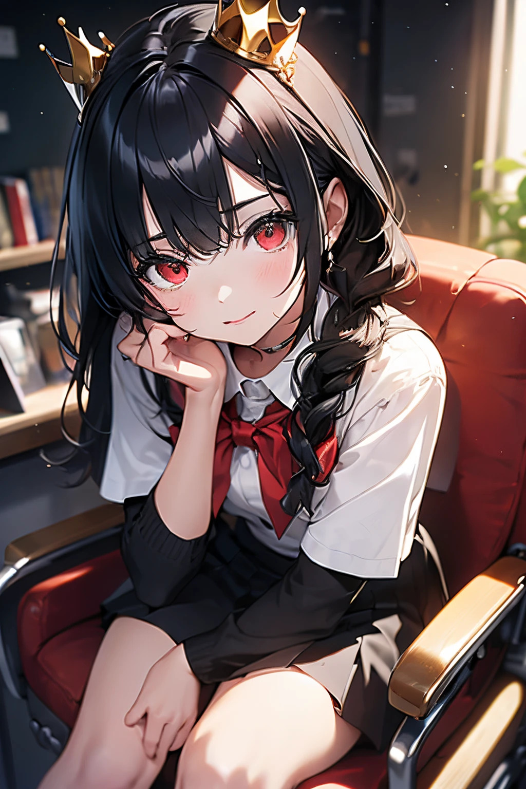 scene:0.9, (masterpiece), (((ultra detailed, 8k quality))), high quality, (a girl in a school uniform, sitting with her legs crossed on a throne), ((wearing golden crown)), (long black hair, side bangs), (full body:0.7), ((torso)), perfect fingers, (hands on arm rests), wide shot:0.7, from below, expressive ruby red eyes, (looking at viewer with pleading eyes, black hair, side bang, expressive red eyes:0.7, glowing red eyes), (depth perception:0.7, black background, blurry background), , (distanced),