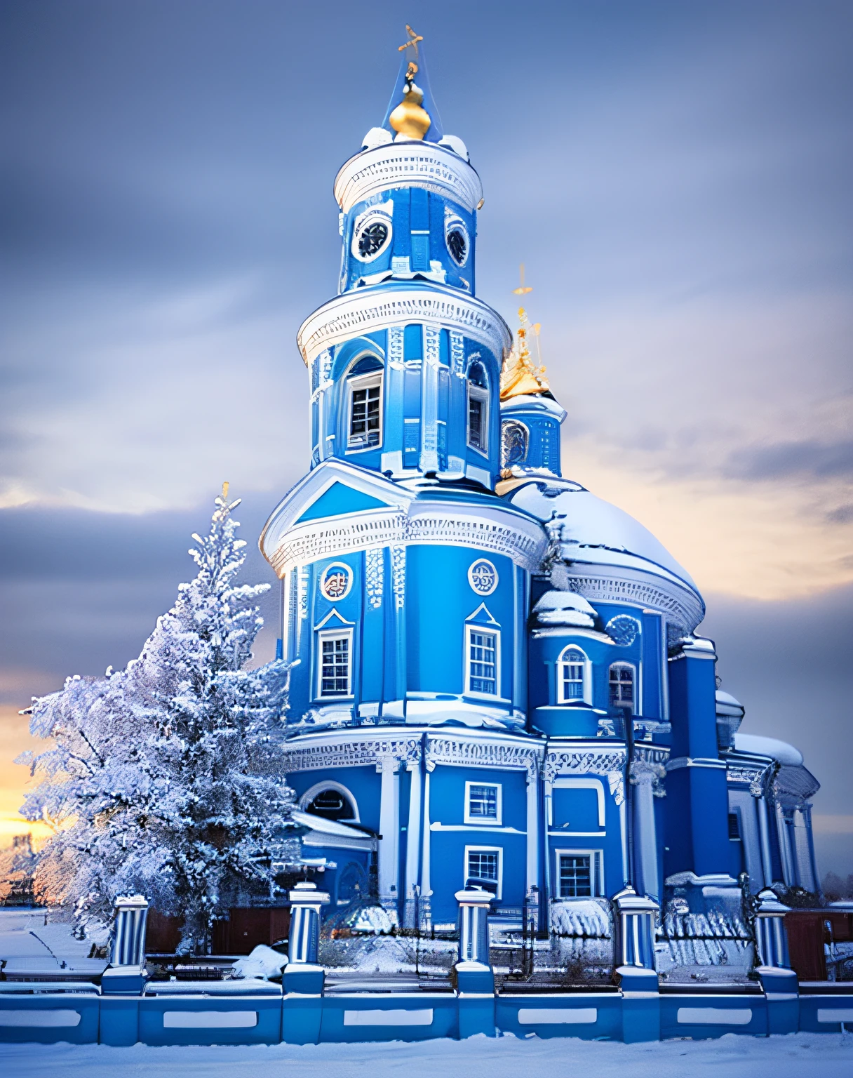 Aura of a blue and white building with a clock tower in the middle of a snowy field, russian temple, russian architecture, Old Russian architecture, russian city, beautiful image, traditional russia, cool blue colors, alexander abdulov, beautiful russia of the future, imperial russia, Blue! and white colors, 8K)), white and blue