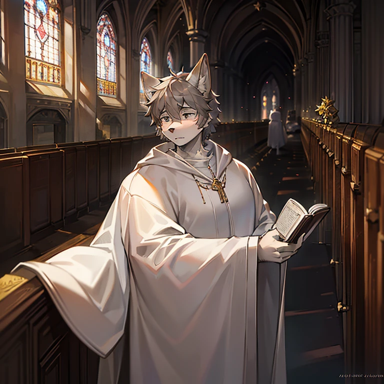 god father,Middle age,male people,Canine ears,shaggy,Gray hair,Transparent white coat,in churches,with bible in hand,the only person,sacred and solemn